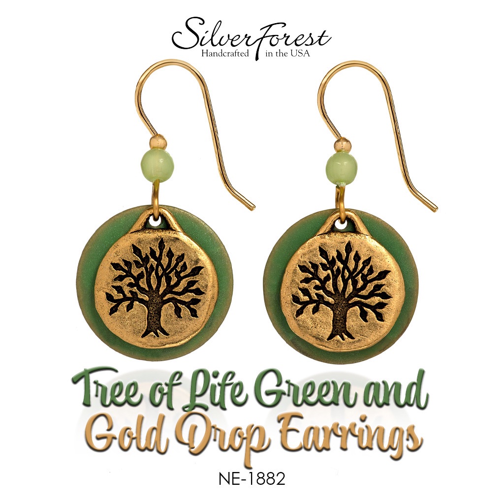 Silver Forest Tree Of Life Green And Gold Drop Earrings Style #Ne-1882